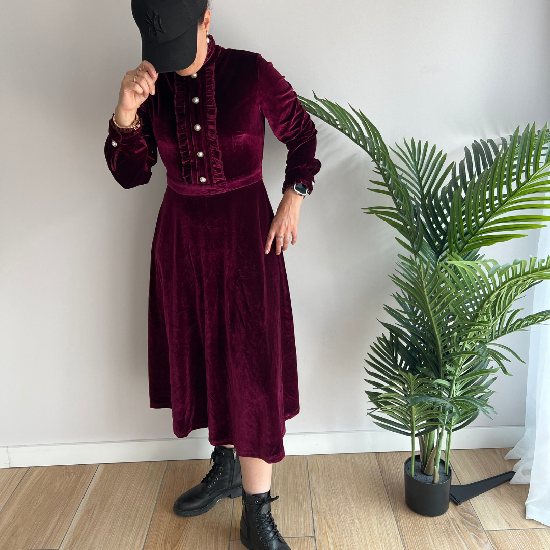 Robe longue avec boutons en perles - Velours - Annabelle