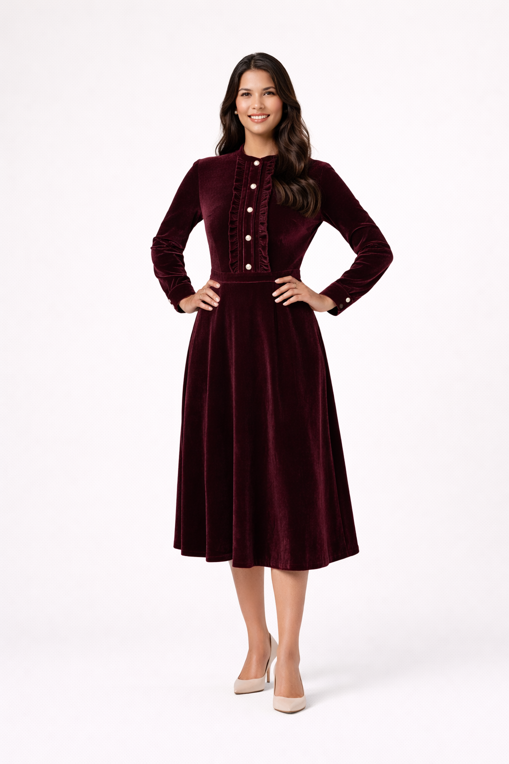 Robe longue avec boutons en perles - Velours - Annabelle